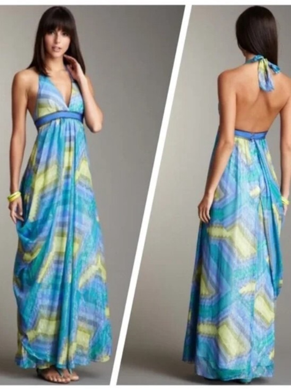 BCBGMaxazria Silk Flowy Halter Sparkle Fairycore Goddess Maxi Dress